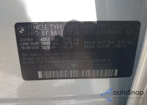 2012 BMW X5 xDrive35I/xDrive35I Premium/xDrive35I Sport Activity z USA, uszkodzony, nr VIN 5UXZV4C5XCL751132